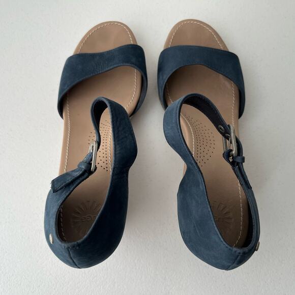 Ugg Atasha Striped Espadrille Wedge Sandals Nubuck Leather Size 10 Blue Nautical - Picture 13 of 13